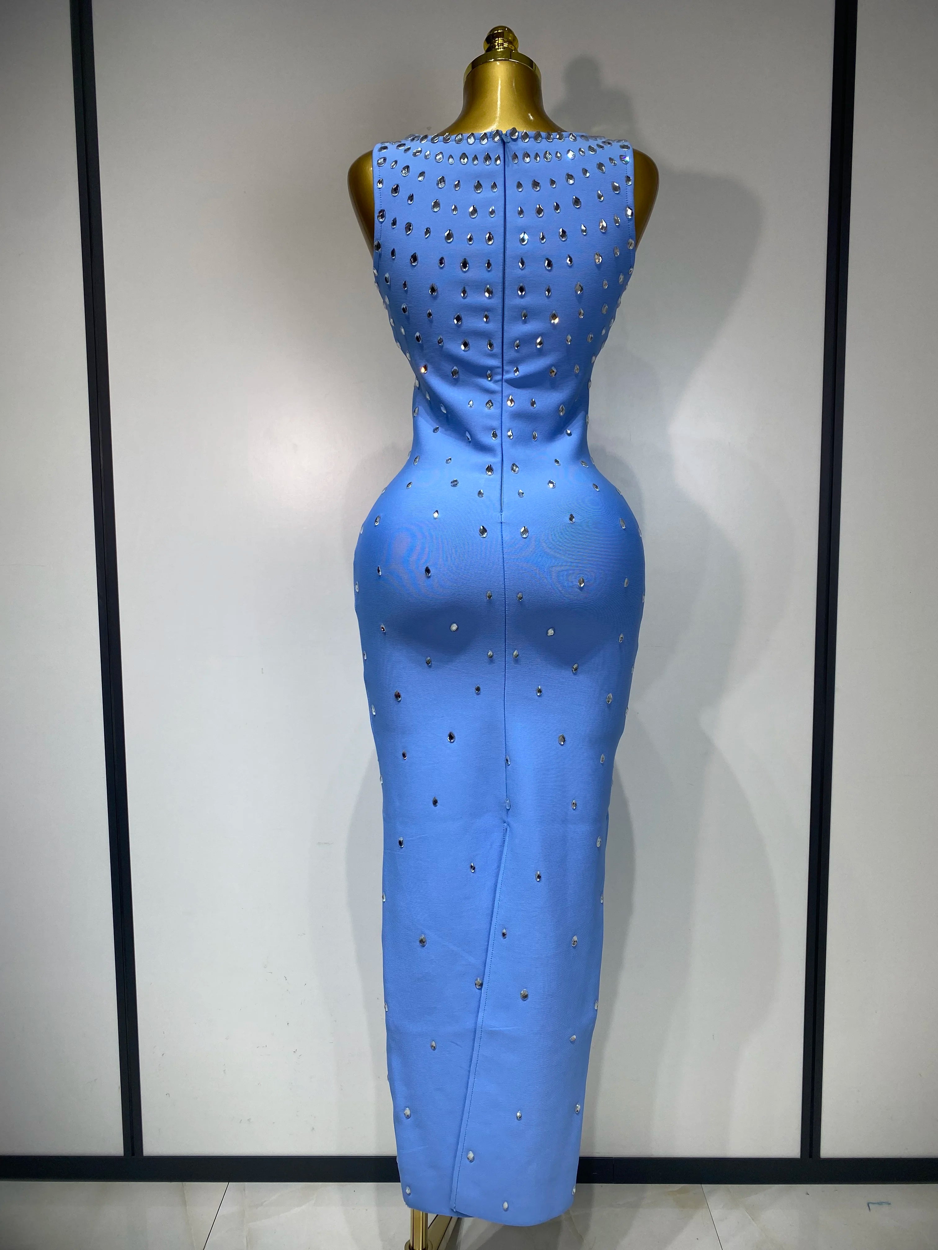 Women Sparkly Rhinestone Bandage Long Dress Elastic Sleeveless Bodycon High Street Evening Club Party Elegant Birthday Gowns