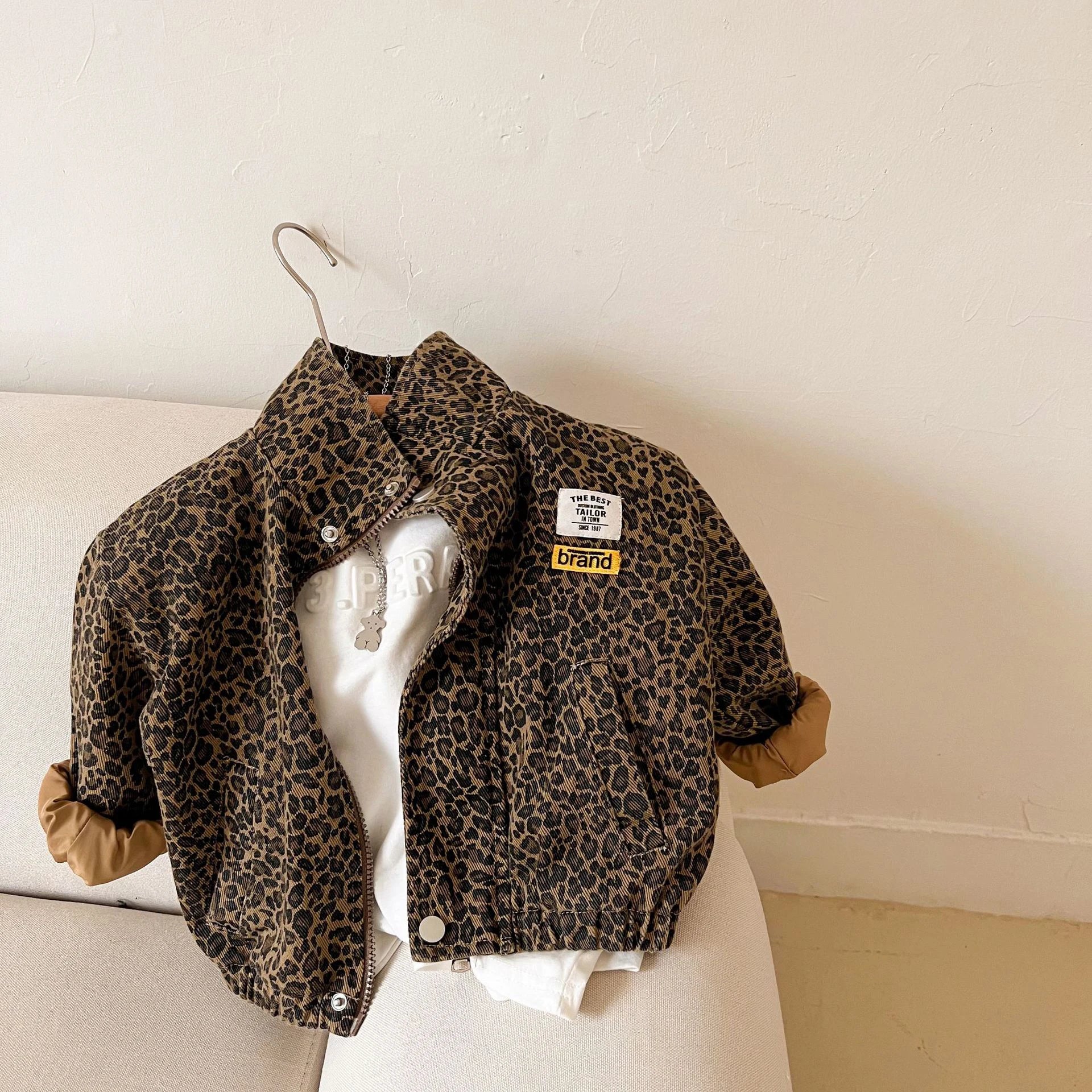 Spring Autumn Children's Casual Long-sleeved Jacket Boys Korean Leopard Print Jacket Girls Short Denim Coat Leopard print jacket