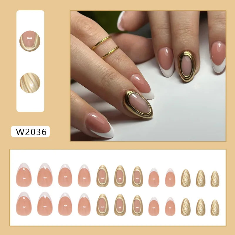 24pcs Ins Almond Press on Nails Gothic Sliver Metal Line y2k Fake Nails Detachable Wearable Sweet Cool Spicy Girl False Nails 5