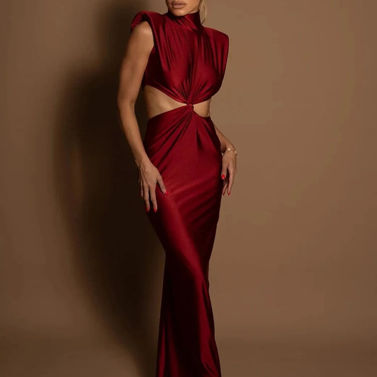 Mozision Hollow Out Turtleneck Sexy Maxi Dress For Women Fashion Solid Sleeveless Bodycon Tank Dresses Femme Club Party Dress Burgundy