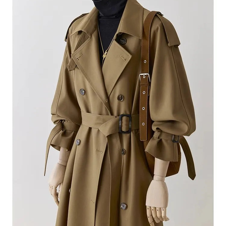 Lautaro Spring Autumn Oversized Khaki Long Trench Coat for Women Double Breasted Loose Casual Black Korean Fashion Overcoat 2025 Deep Khaki