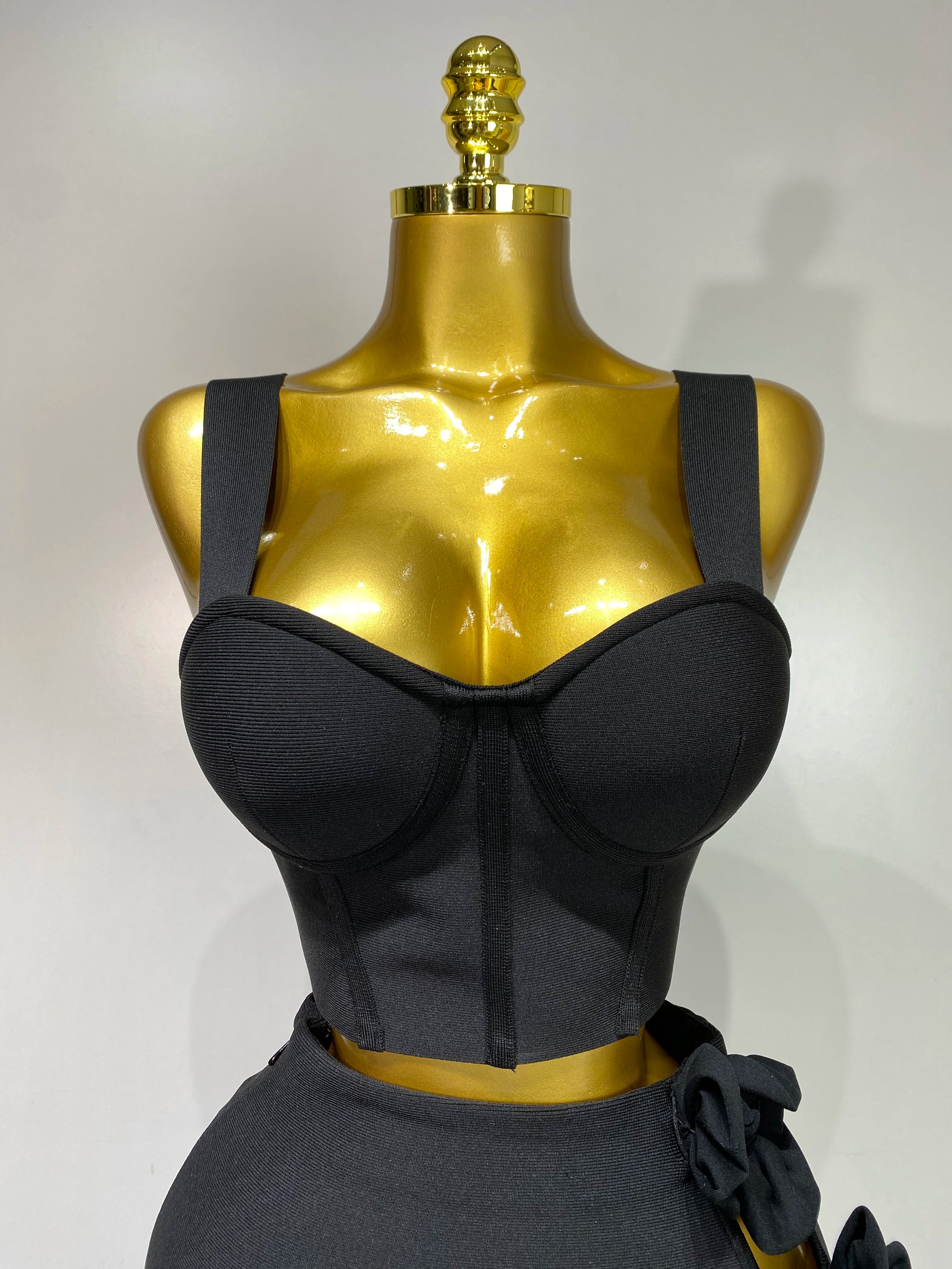 Summer New 2025 Women Sexy Flower Black Red Bandage Two Piece Set Celebrity Evening Party Skirt Suits Luxury Birthday Outfit