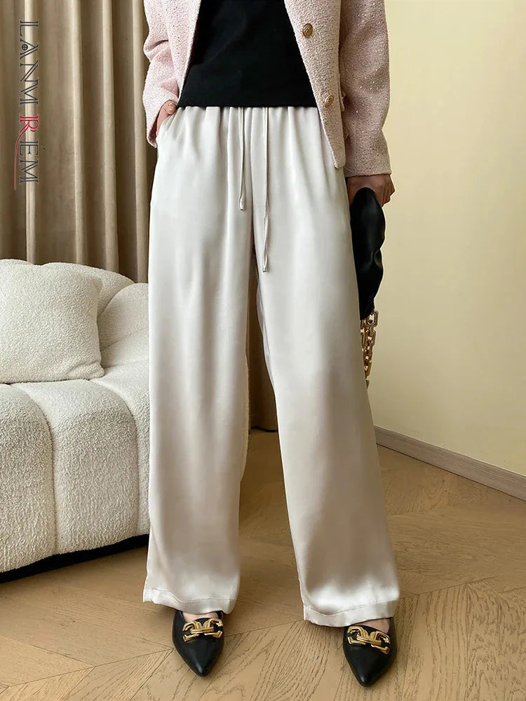 [LANMREM] Stain Drawstring Pants For Women Elastic High Waist Wide Leg Trousers Fashion Clothing Spring New 26D8234