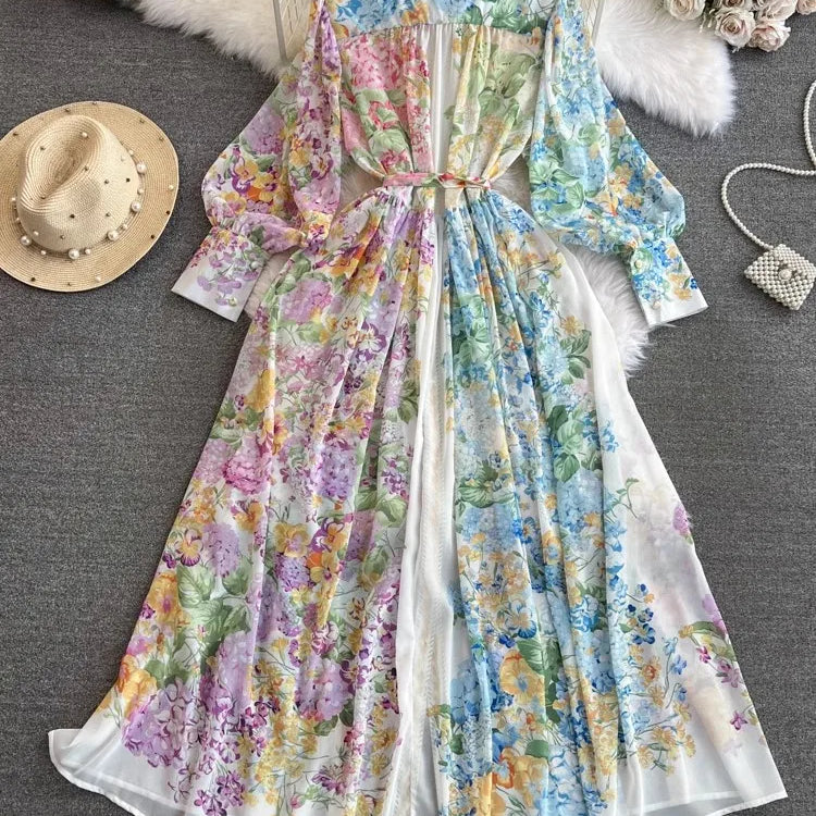 Fashion Bohemain Flower Maxi Dress Women's Stand Long Lantern Sleeve Single Breasted Floral Print Lace Up Loose Boho Robe