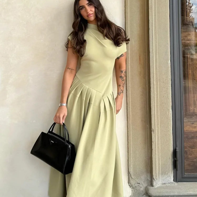 Chic Off Shoulder Irregular Neck Women's Dress Elegant High Waist A-line Hem Pleated Midi Dresses New Summer Lady Commuting Robe green