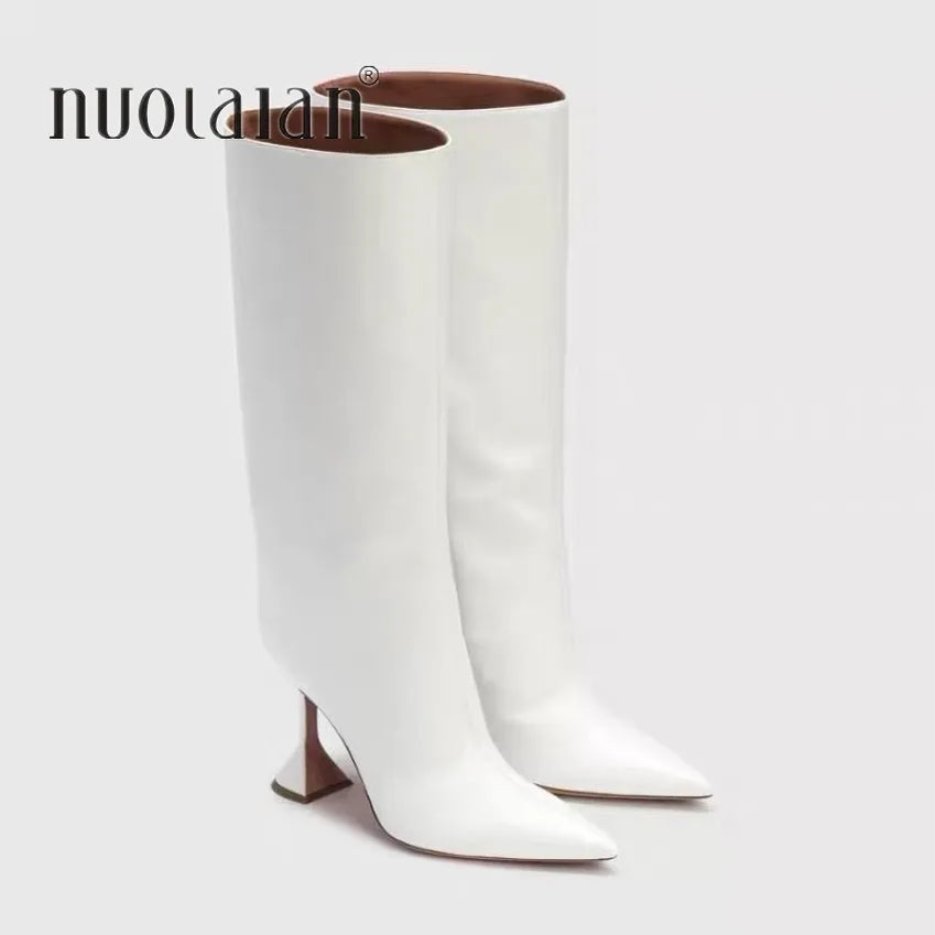 Women's Knee High Boots Pointed Toe Long High-heeled Boots Designer Luxury Brand Women's Leather Boots