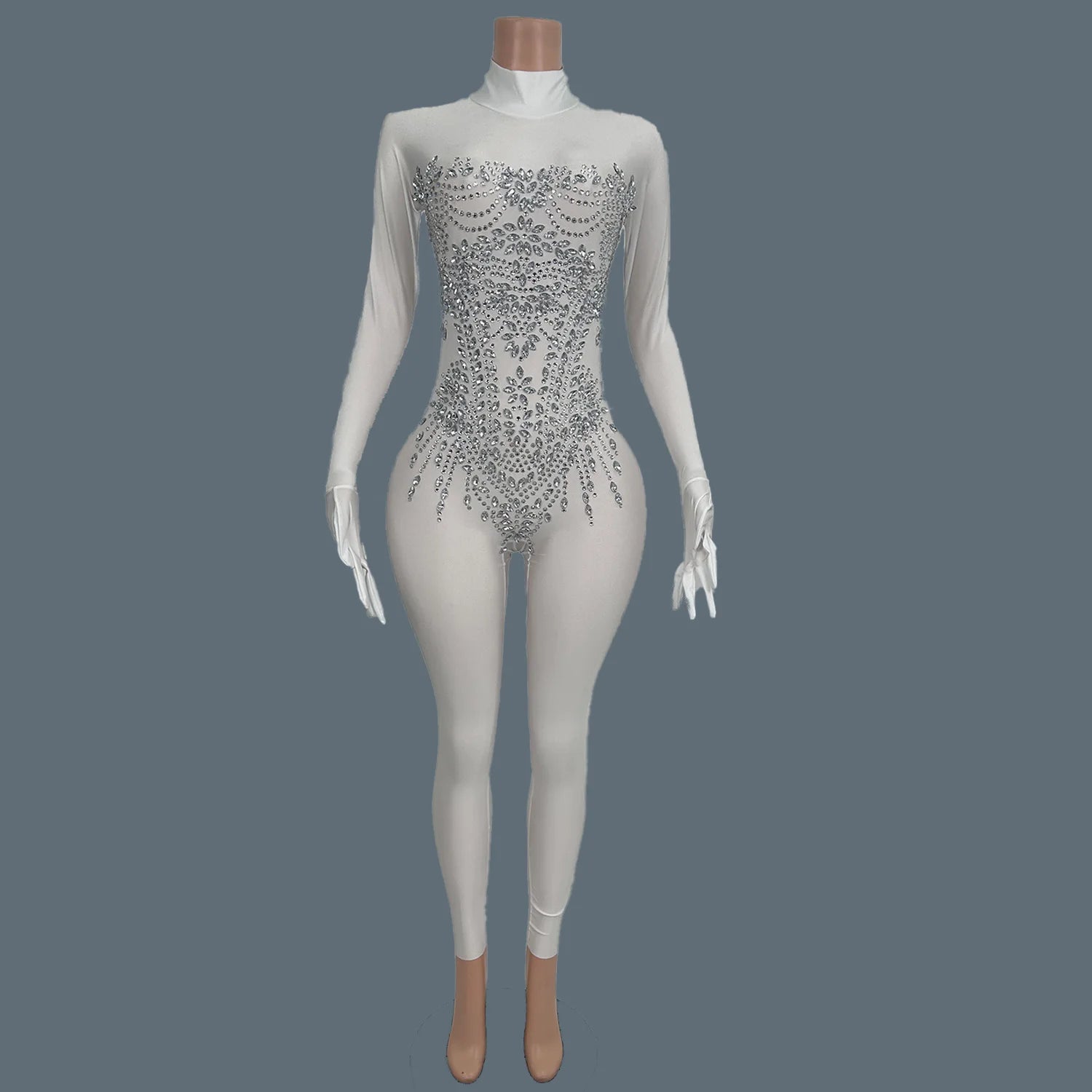 Sexy Women Long Sleeve Rhinestone Jumpsuit Gloves Festival Celebrate Party Outfit Club Stage Show Tight Fitting Jumpsuit Zhubao WHITE One Size