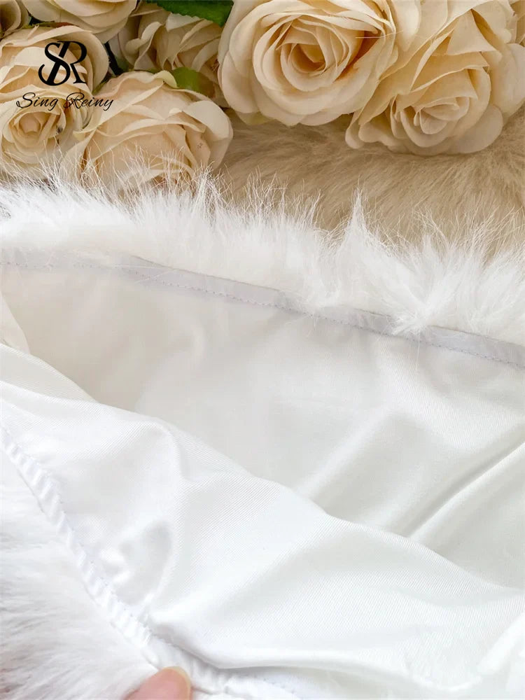 SINGREINY American Hotsweet Sexy Two Pieces Sets Women Strapless Short Tank Top+Bodycon Mini Skirt Fashion Solid Feather Suits