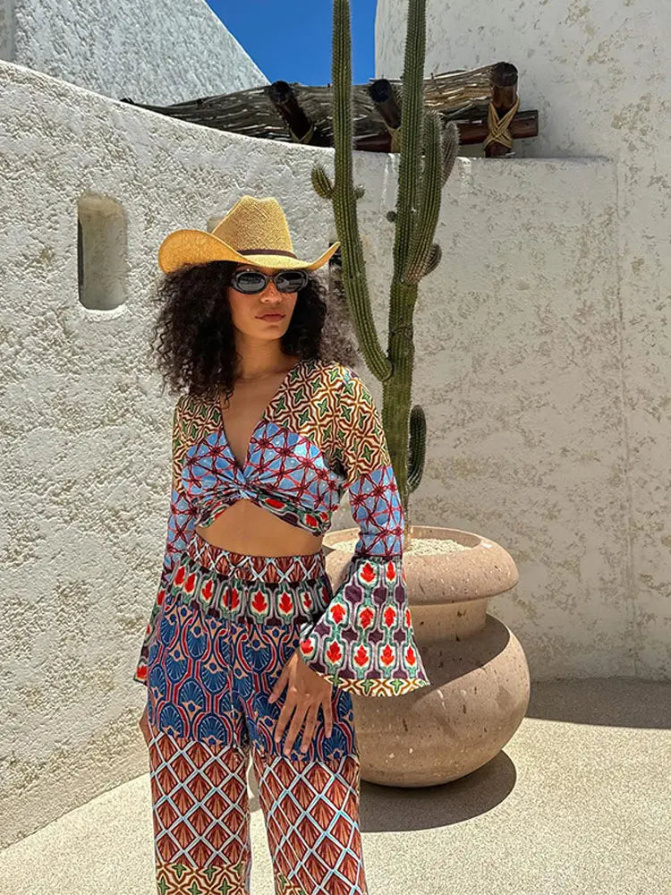 Fashion Vintage Print Long Flare Sleeve Top Wide Leg Pants Suit Elegant Women V Neck Crop Tops Elastic Waist Trousers Set Outfit