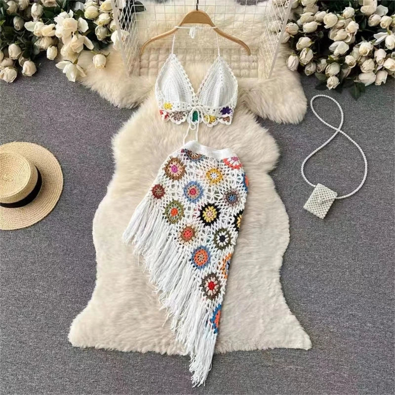 Women 2 Piece Outfit Set Boho Hollow-Out Crochet Knit Halter Bras Top and Asymmetrical Tassel Mini Skirt Beach Cover Up