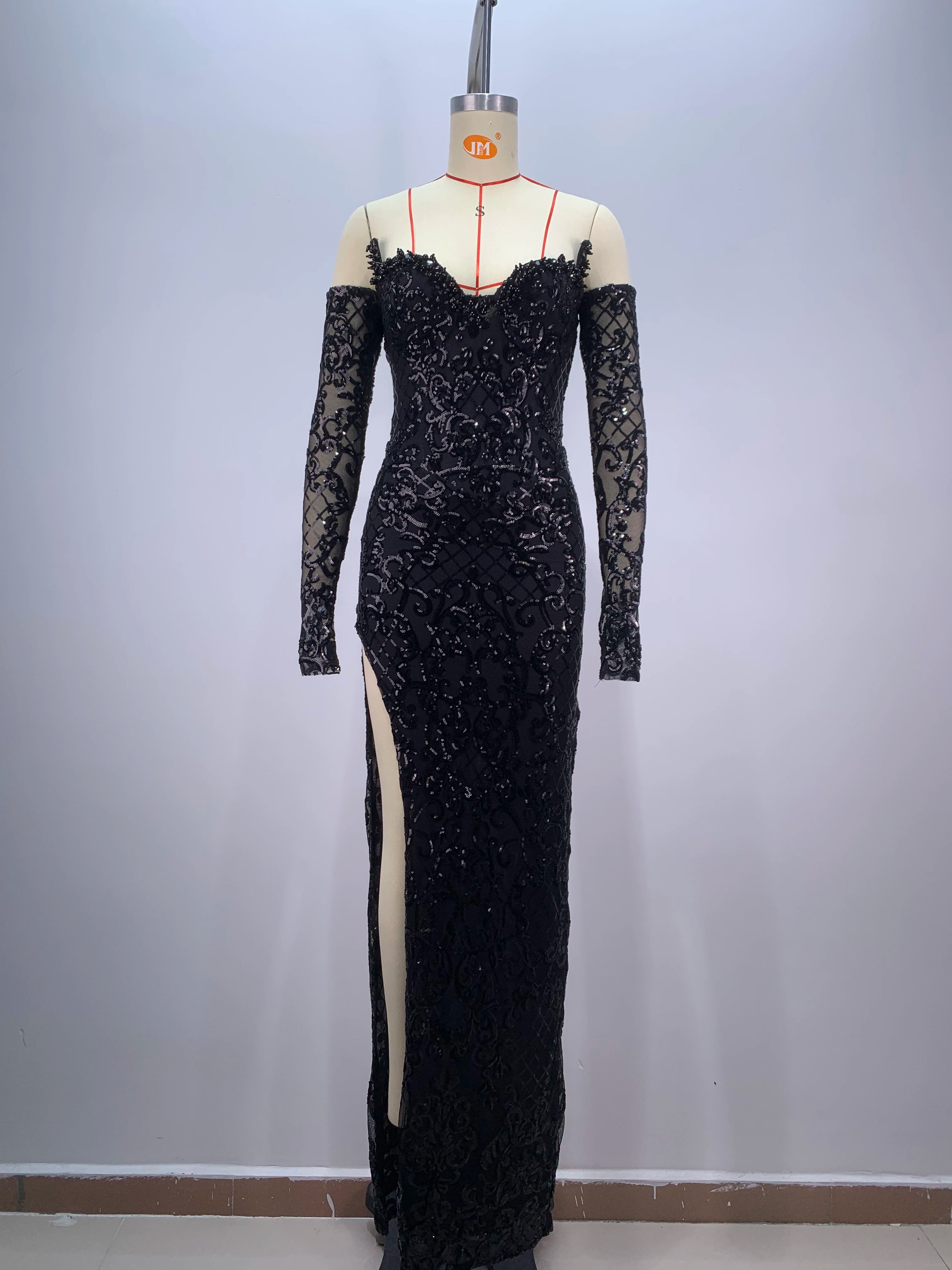 2024 Black Color Women Sexy Shinning Sequins High Split Bodycon Long Dress Gloves Celebrate Evening Party Prom Dress