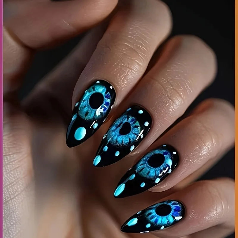 24pcs/set Short Medium fake nails for Halloween party Dead trees and crows bat Night sky Square almond tips press on false nail 2890