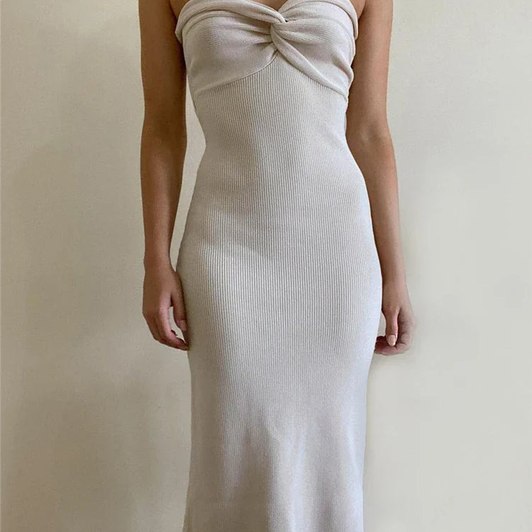 Tossy Strapless Knit Maxi Dresses For Women Summer Beach Party Bodycon Dress Off-Shoulder Twist Knitting Evening Backless Dress White