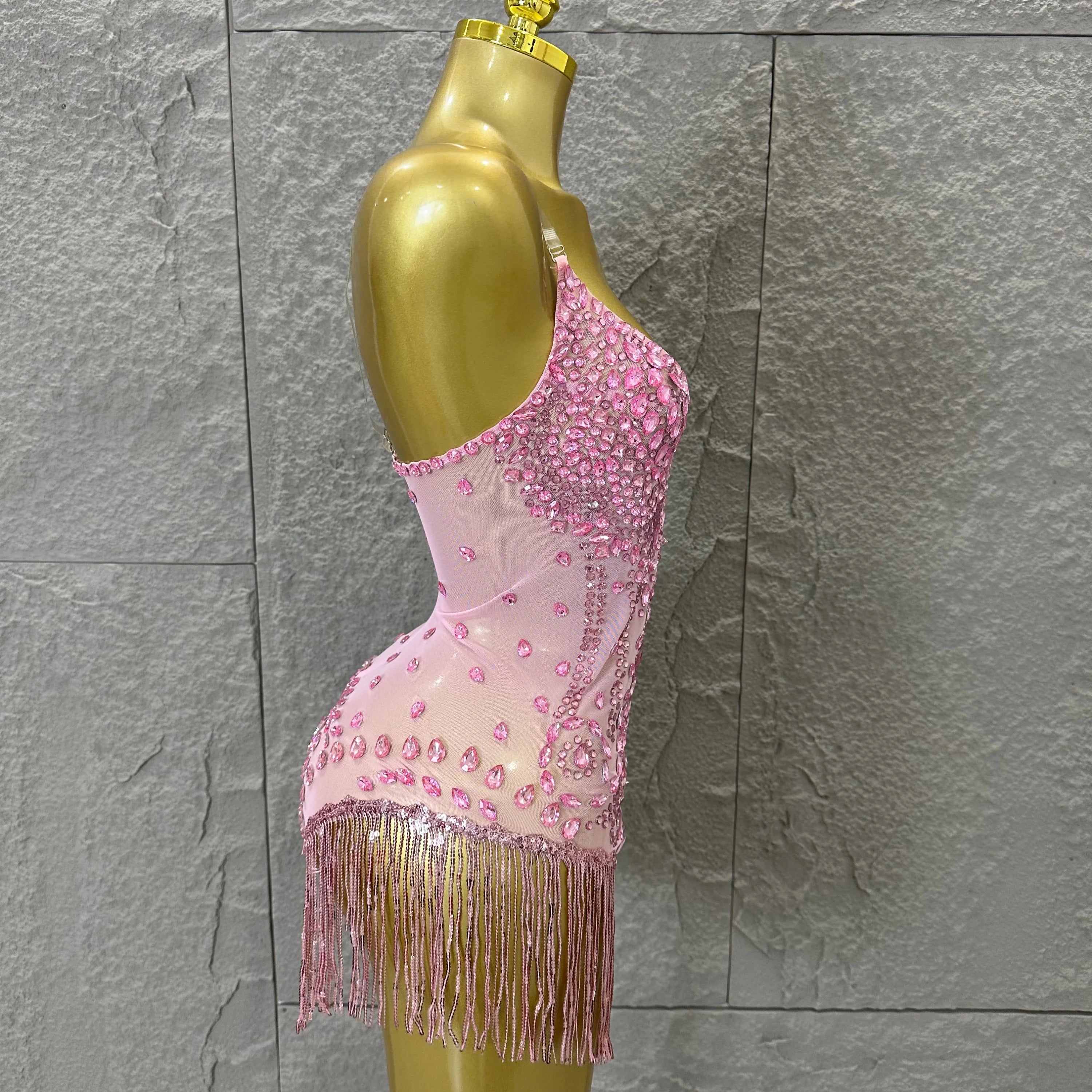 Pink Spaghetti Strap Bodysuit Women Sexy Deep V Neck Sheer Mesh Crystal Embellished Fringe Form-Fitting Formal Event Outfit