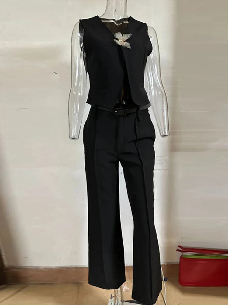 Solid Casual Vest Pants Women 2 Piece Set V-neck Sleeveless Single Breasted Vests Wide Trousers Summer Office Lady Outfit