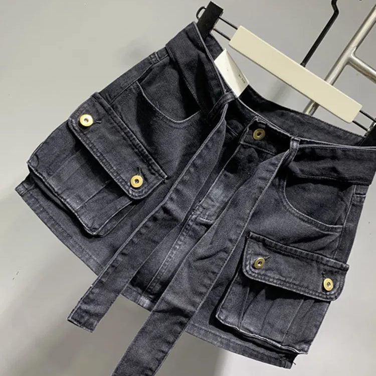 DEAT Fashion Belt Bandage Denim Mini Skirt Women Patchwork Pocket Cargo Wrap Hip Skirts Female Trend Spring New 11XX01119