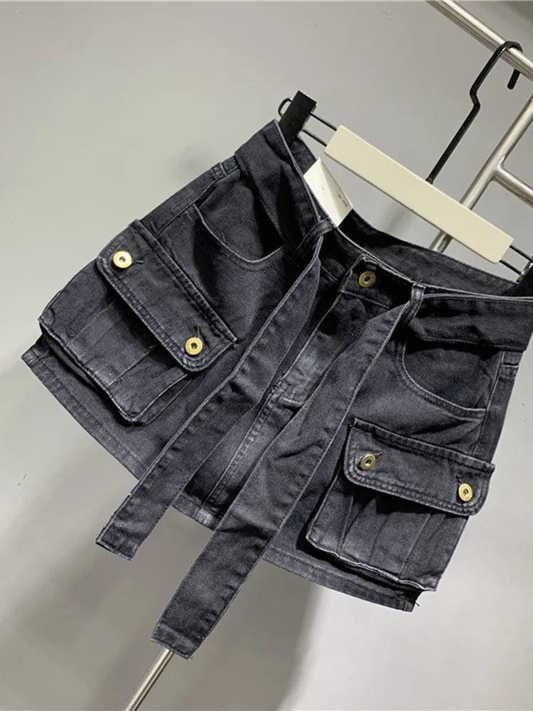 DEAT Fashion Belt Bandage Denim Mini Skirt Women Patchwork Pocket Cargo Wrap Hip Skirts Female Trend Spring New 11XX01119