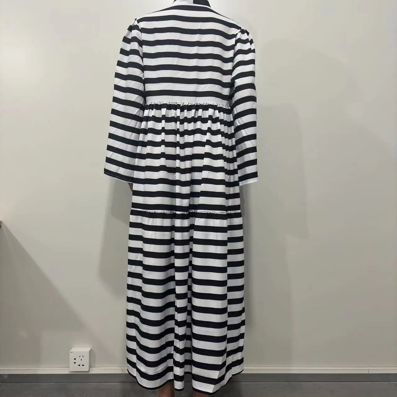 CM.YAYA Vintage Women Striped Bowknot Collar Long Sleeve High Waist Big Swing Babydoll Maxi Long Dress 2023 New Vestidos Dresses