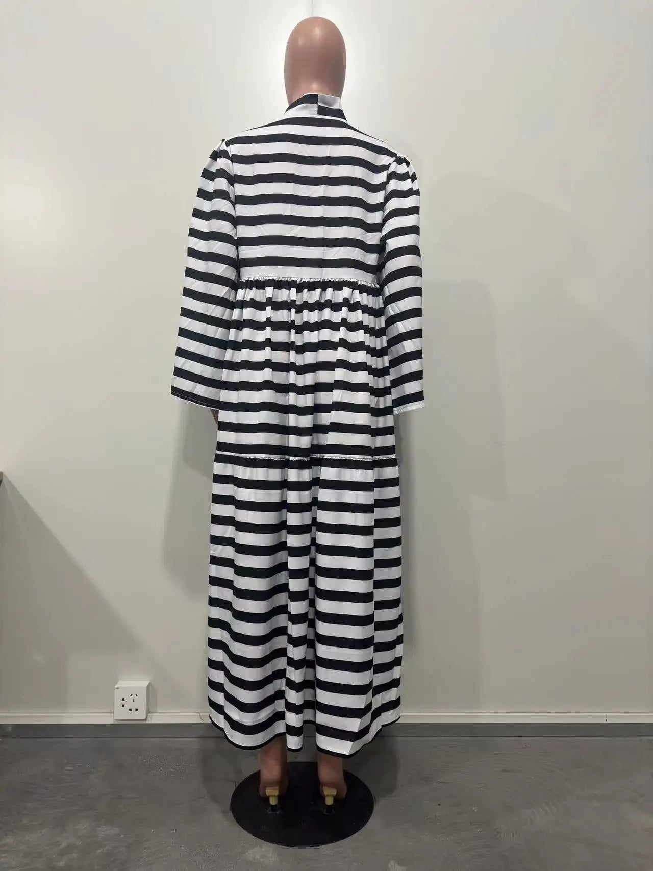 CM.YAYA Vintage Women Striped Bowknot Collar Long Sleeve High Waist Big Swing Babydoll Maxi Long Dress 2023 New Vestidos Dresses