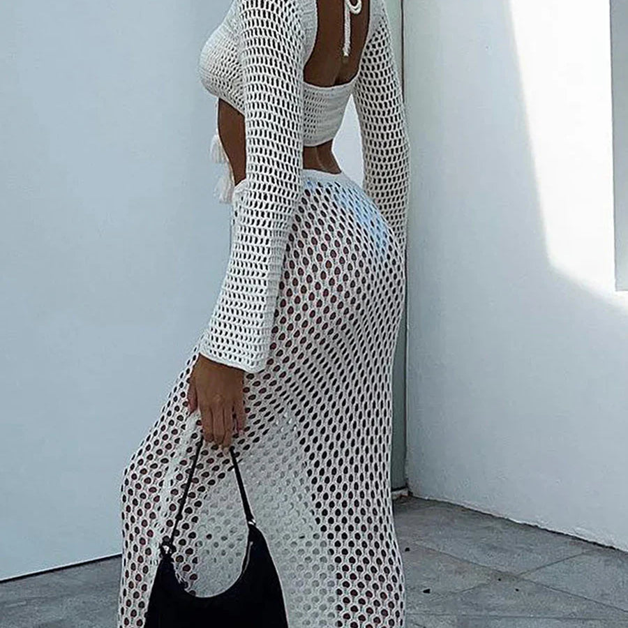 Women's Summer 2PCS Outfit Sets Long Sleeve Tie Up Crop Tops + White Long Knit Hollow Skirt