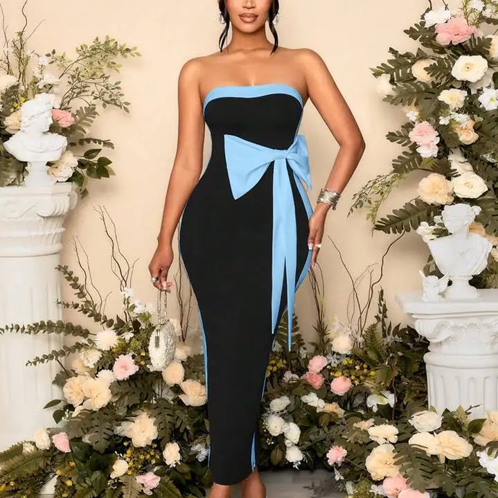 High Women Sexy Strapless Off the Shoulder Bow Bodycon Long Bandage Dress Nightclub Party Celebrate Birthday Outfit SKY BLUE