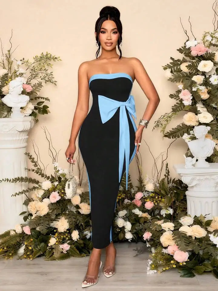 High Women Sexy Strapless Off the Shoulder Bow Bodycon Long Bandage Dress Nightclub Party Celebrate Birthday Outfit SKY BLUE