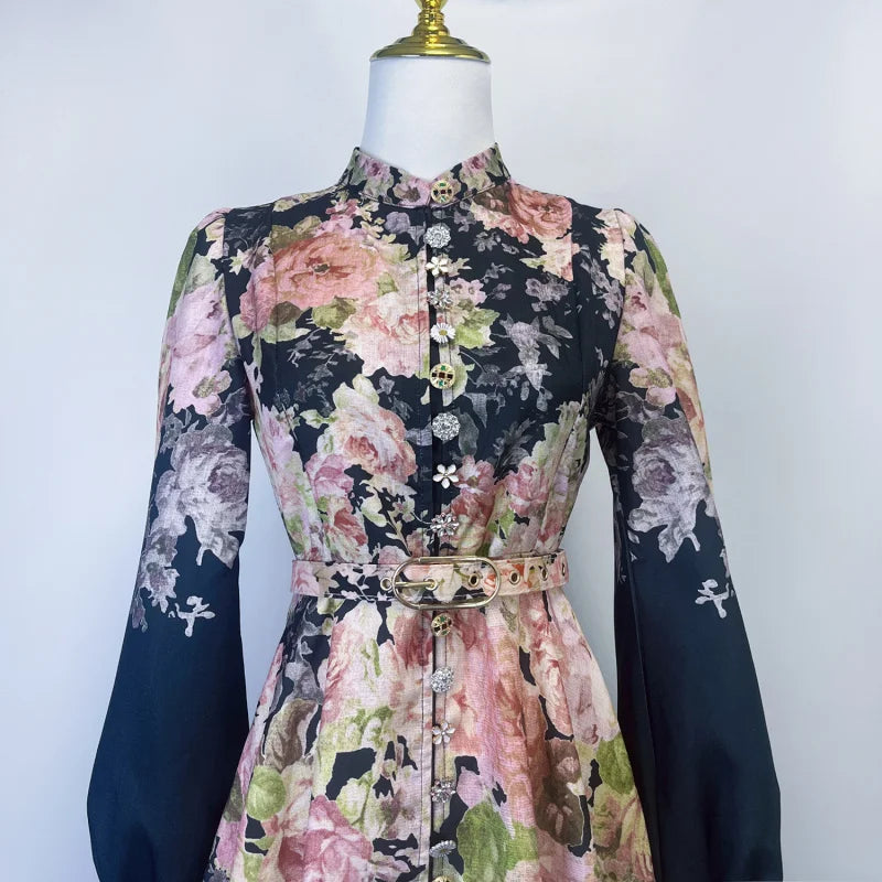 Real Shot Spot Australian Design Single-Breasted Sleeve Cotton Linen Spring And Summer New Midi Dress With Bel