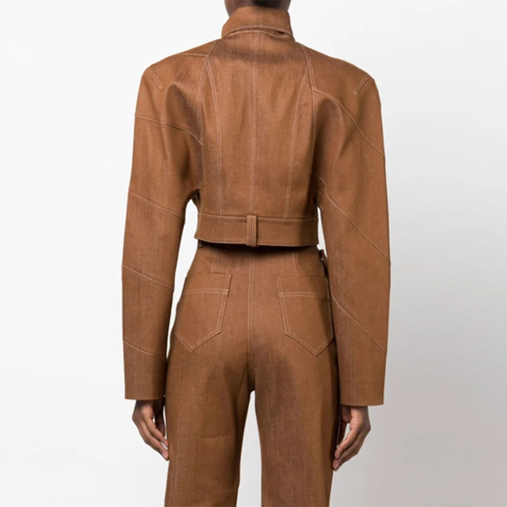 Fashion Two Piece Set for Women Stand Neck Long Sleeve Spliced Button Coat High Waist Pants Female Temperament New