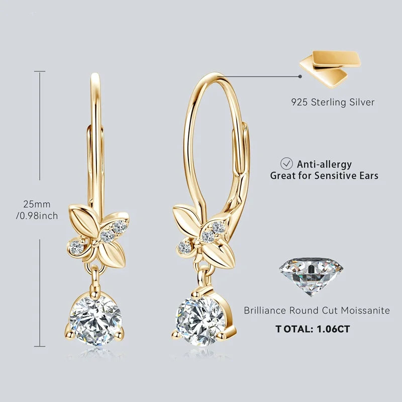 IOGOU 5mm Moissanite Drop Clip Earrings 925 Sterling Silver Four-leaf Clover Earrings for Women Trend Wedding Party Jewelry