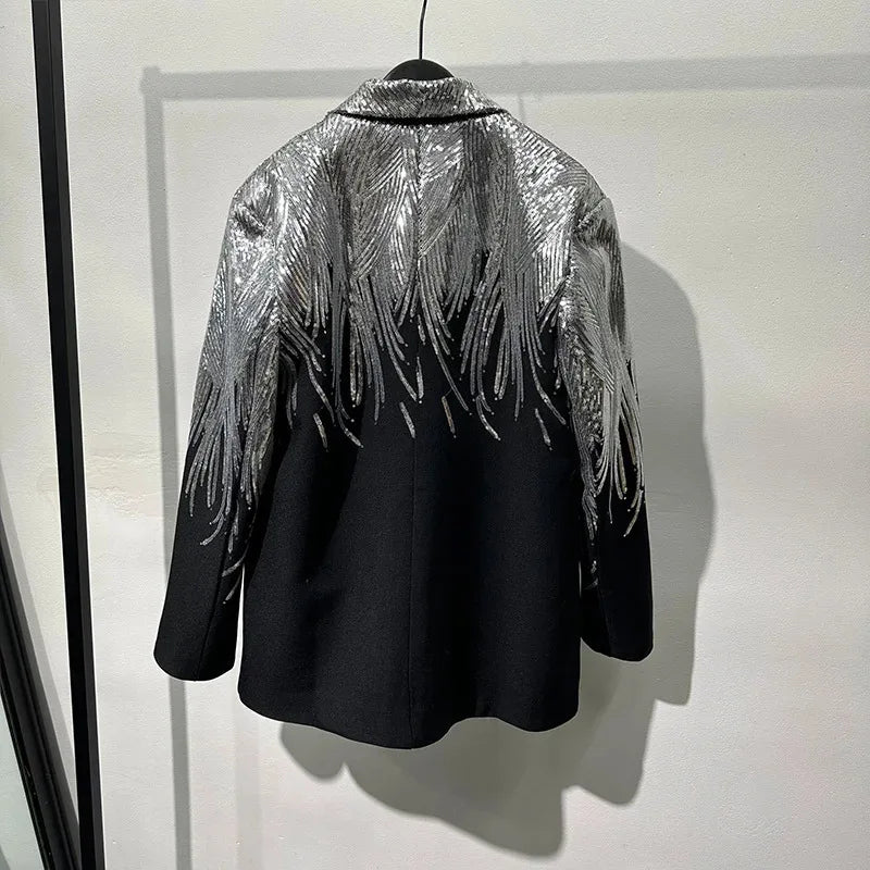 Solid Spliced Sequins Elegant Jackets for Women Lapel Long Sleeves Patchwork Single Breasted Jacket Female Fashion