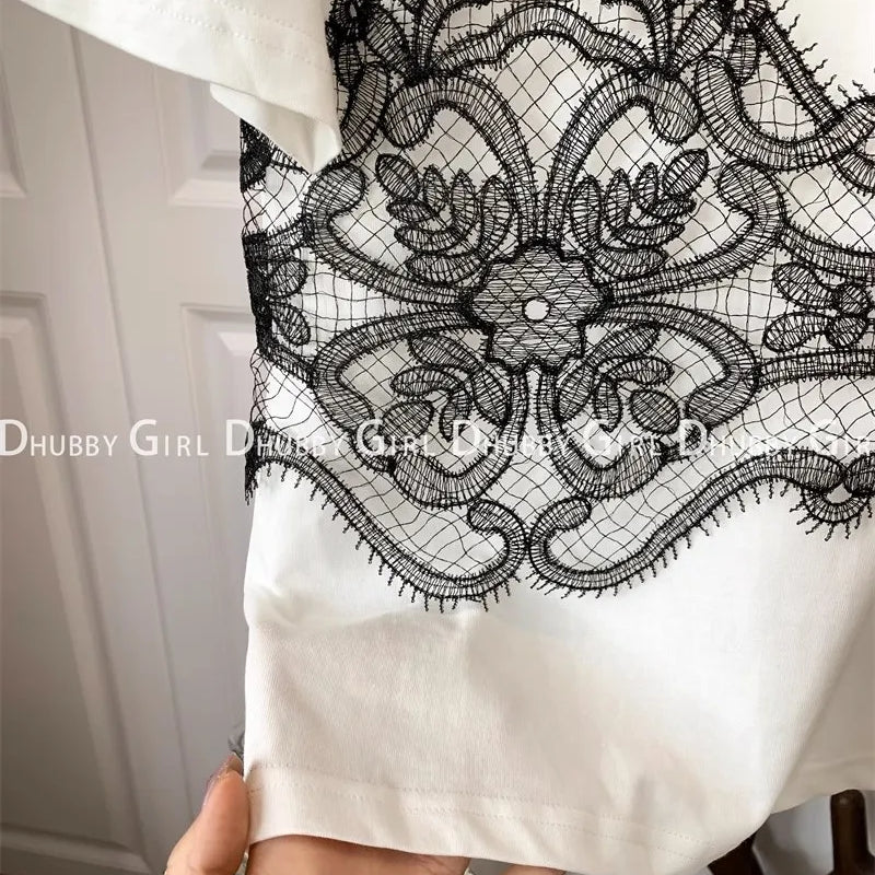 Summer Tshirts Women Fake Two Piece Chest Lace Stitching T-Shirt Fashion Tops Ladies Chic T-Shirt Female Short Sleeve Casual Tee