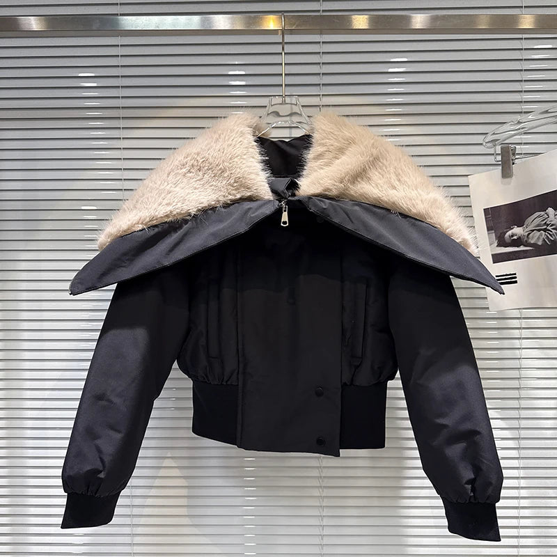 Winter New Fashiona Zipper Big Fur Sailor Collar Waist-Cinching Short Cotton Jacket For Women Short Coat 11A07588