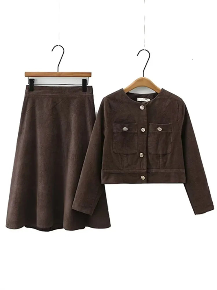 Plus Size Women's Clothing Spring And Autumn Suit Long-Sleeved Short Jacket In Corduroy Fabric And Knee Length Skirt Combination