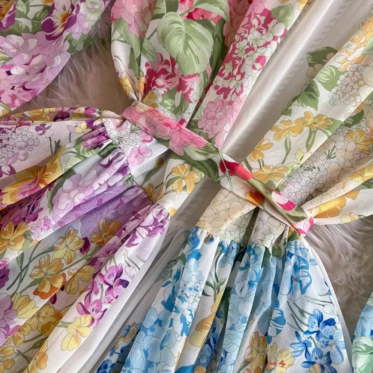 Fashion Bohemain Flower Maxi Dress Women's Stand Long Lantern Sleeve Single Breasted Floral Print Lace Up Loose Boho Robe