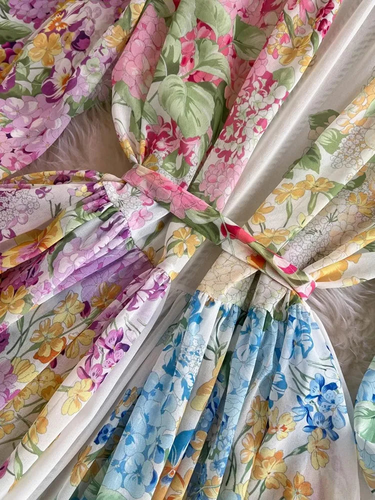 Fashion Bohemain Flower Maxi Dress Women's Stand Long Lantern Sleeve Single Breasted Floral Print Lace Up Loose Boho Robe