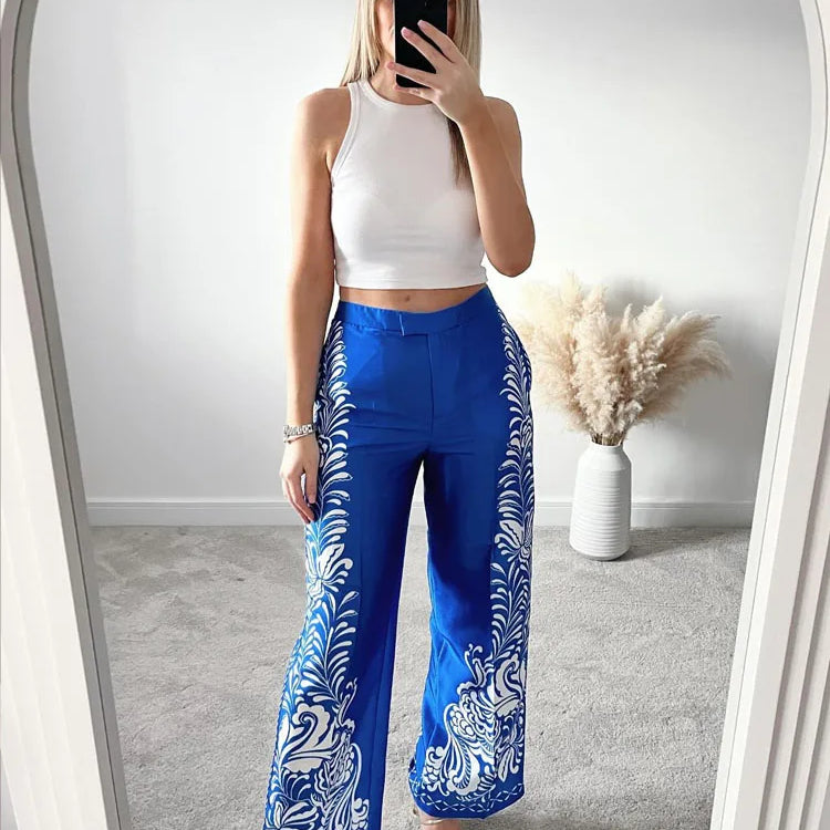 TRAFZA Women Pants Set Print Turn-Down Collar Long Sleeves Single Breasted Casual Shirts+High Waist Pocket Zipper Wide Leg Pant
