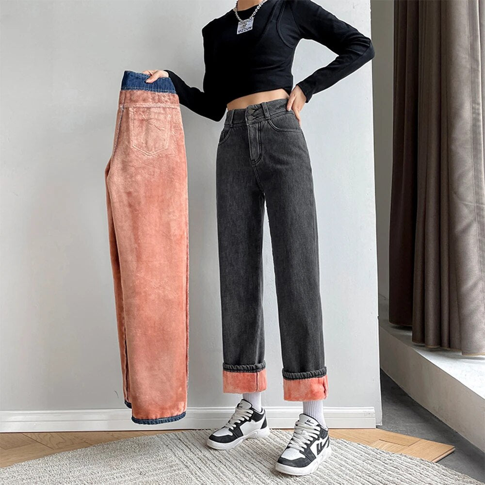 Winter Warm Fleece Wide Leg Jeans Women Vintage Baggy High Waist Denim Pants 2024 Loose Straight Mom Jean Pantalones De Mujer