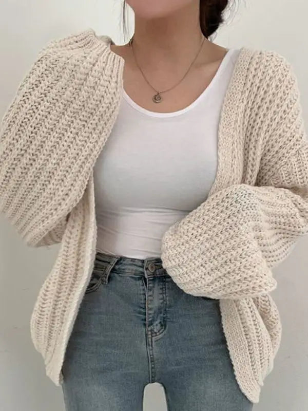 Women Cardigan Sweater Coat Casual Loose Knitted Solid Coat Autumn Winter For Women Lantern Sleeve Sweet Overcoat APRICOT One Size
