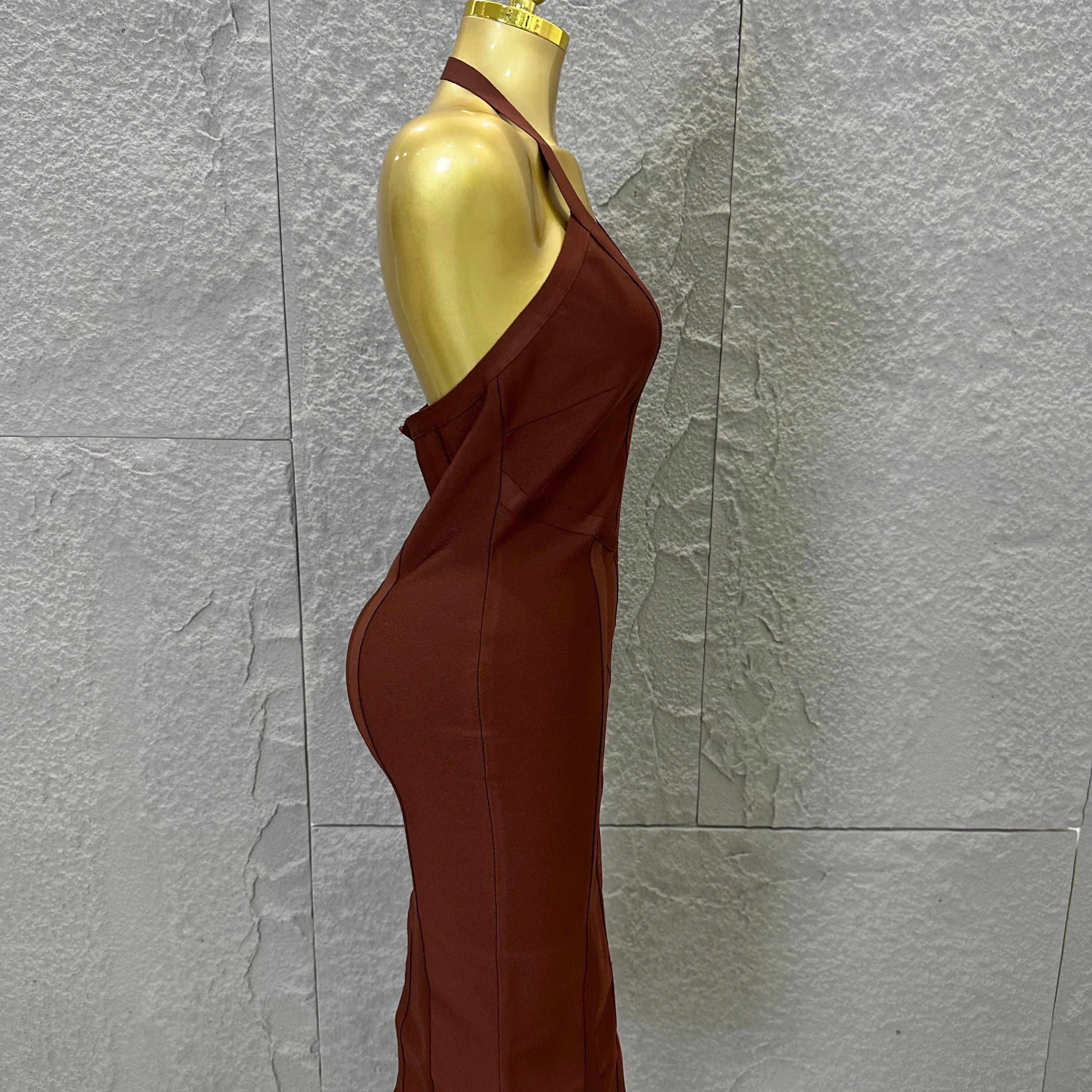 Elegant 2026 Brown Bandage Midi Dress Women Sexy Halter Neck Deep V Bodycon Evening Party Costume Cocktail Party Costume