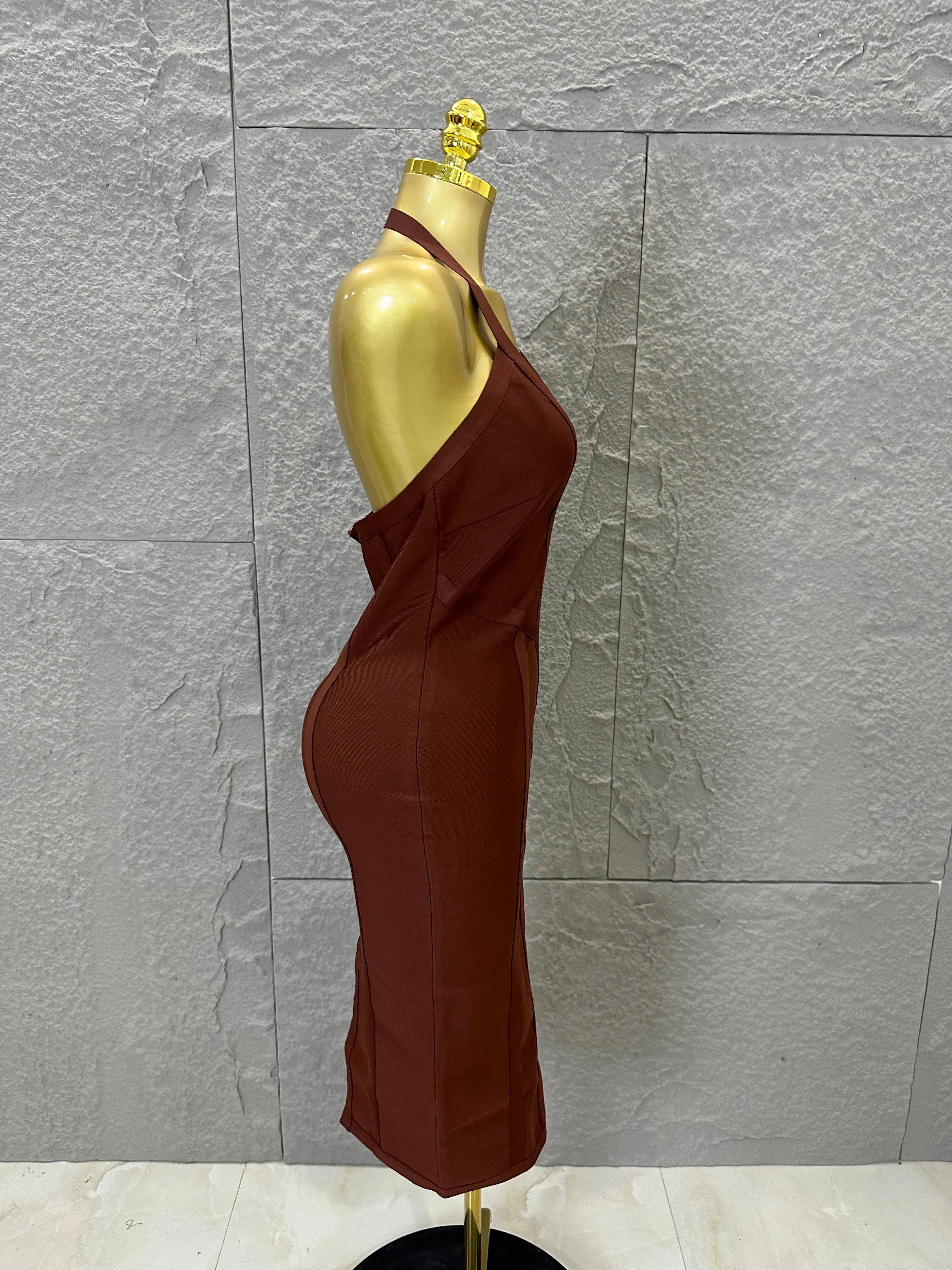 Elegant 2026 Brown Bandage Midi Dress Women Sexy Halter Neck Deep V Bodycon Evening Party Costume Cocktail Party Costume
