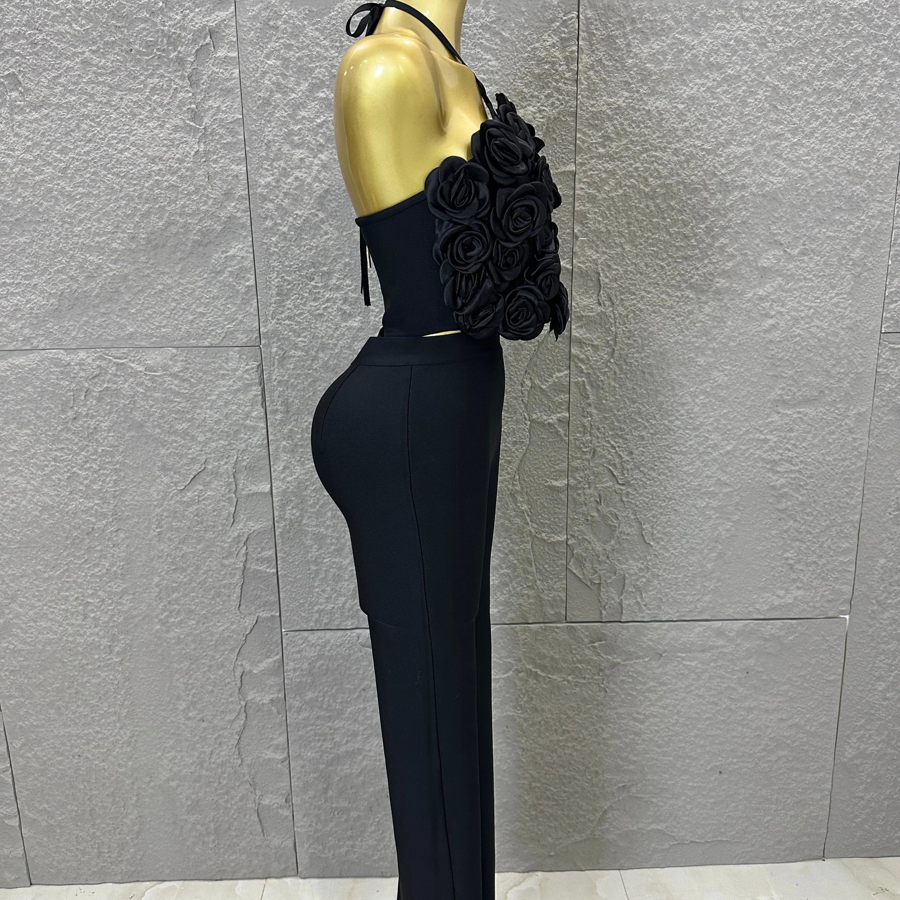 Elegant Two Piece Set Women Halter 3D Flower Crop Top High Waist Flare Pants Bandage Suit Party Casual Formal Wear