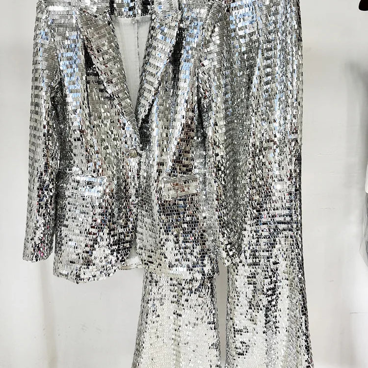 New Spring Shinning Sequined Women Long Sleeve Single Button Tops Floor-Length Pants Set Celebrate Evening Party Women's Set