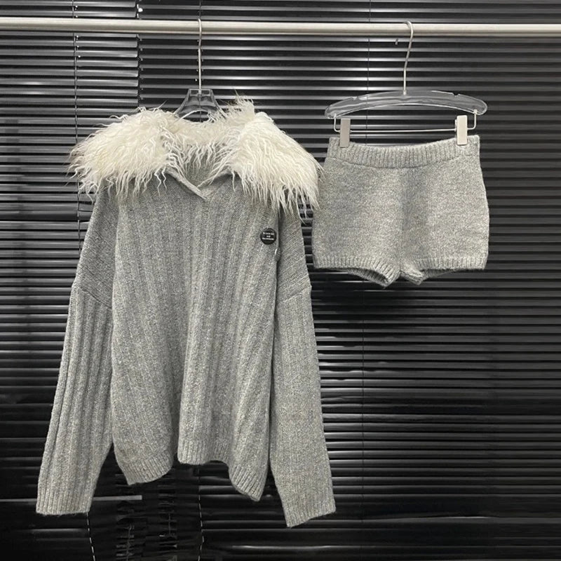 Autumn Winter New Large Fur Collar Knitted Soft Warm Sweater For Women Casual Solid Color Shorts Female 11A07781