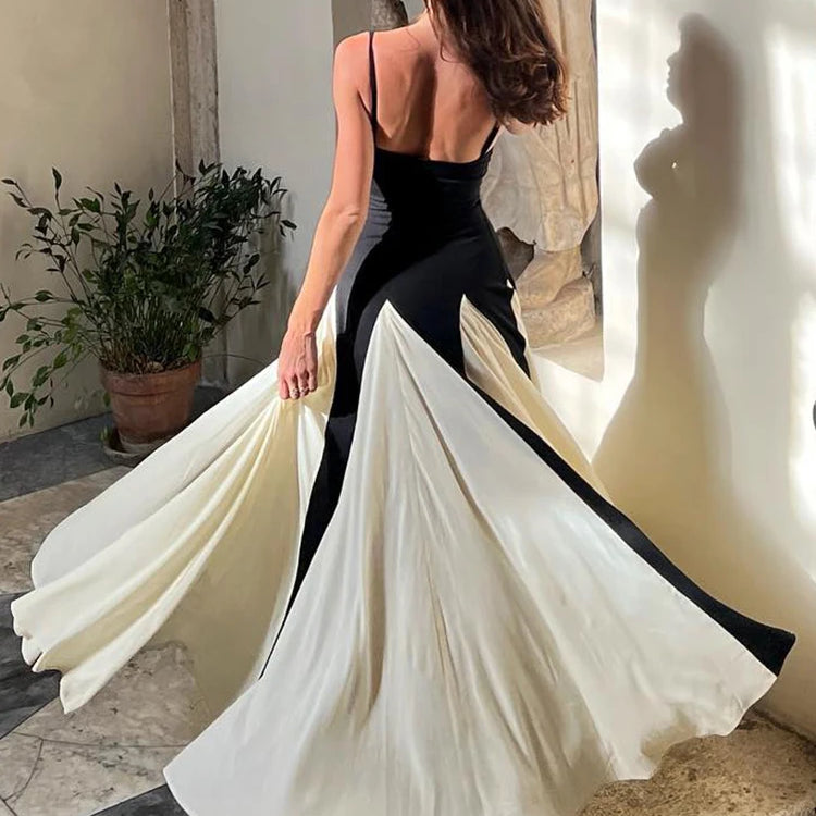 Color Block Spaghetti Straps Long Dress For Women Backless A-Line Maxi Celebrity Cocktail Party Evening Gowns Casual Vestidos