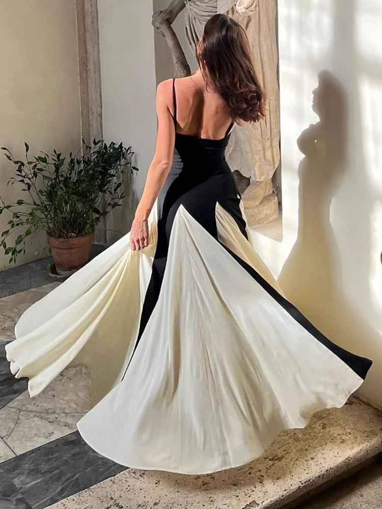 Color Block Spaghetti Straps Long Dress For Women Backless A-Line Maxi Celebrity Cocktail Party Evening Gowns Casual Vestidos