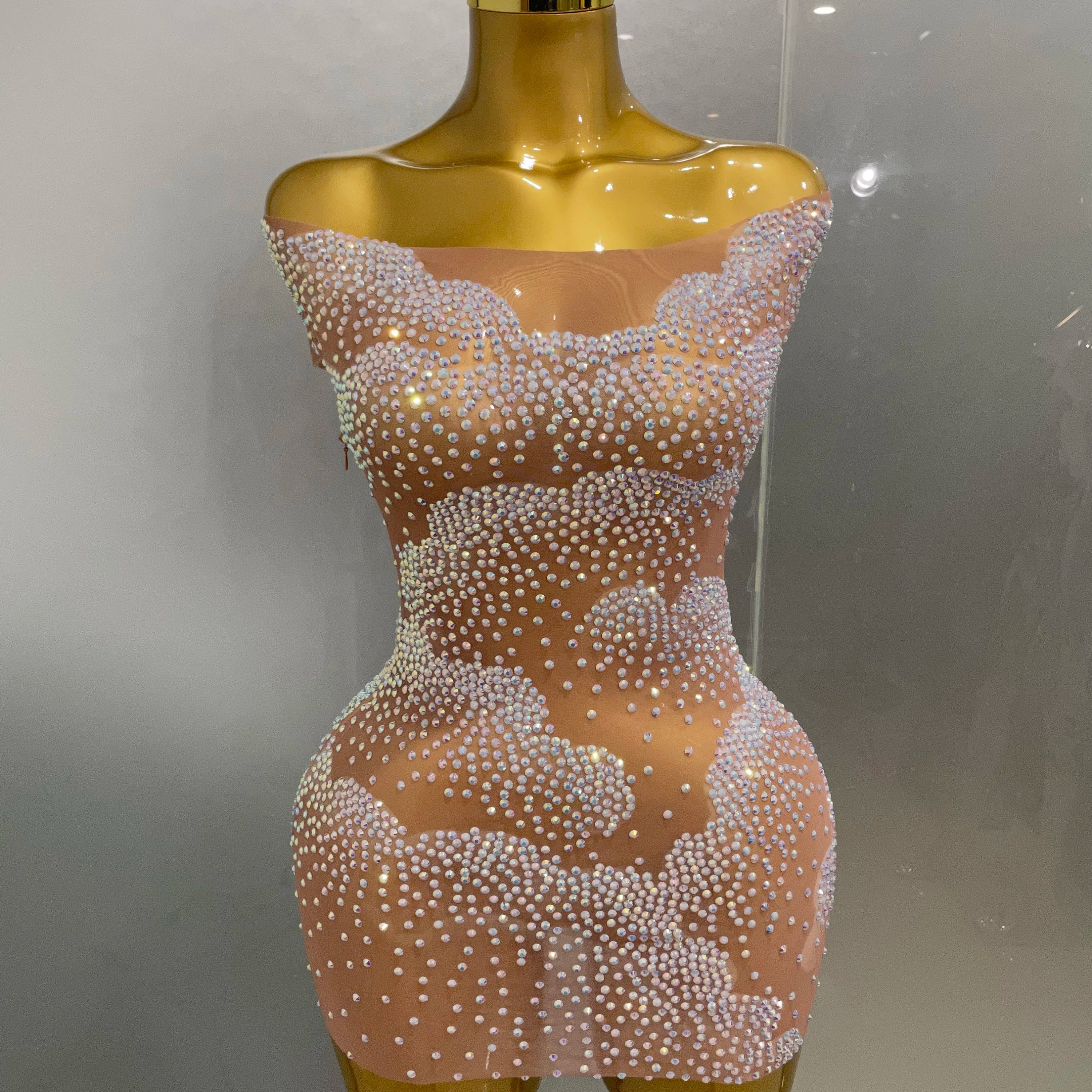 Sexy Sparkle Rhinestone Transparent Stretch Mini Dress 2025 New Women Evening Birthday Party Club Stage Performance Costume Khaki