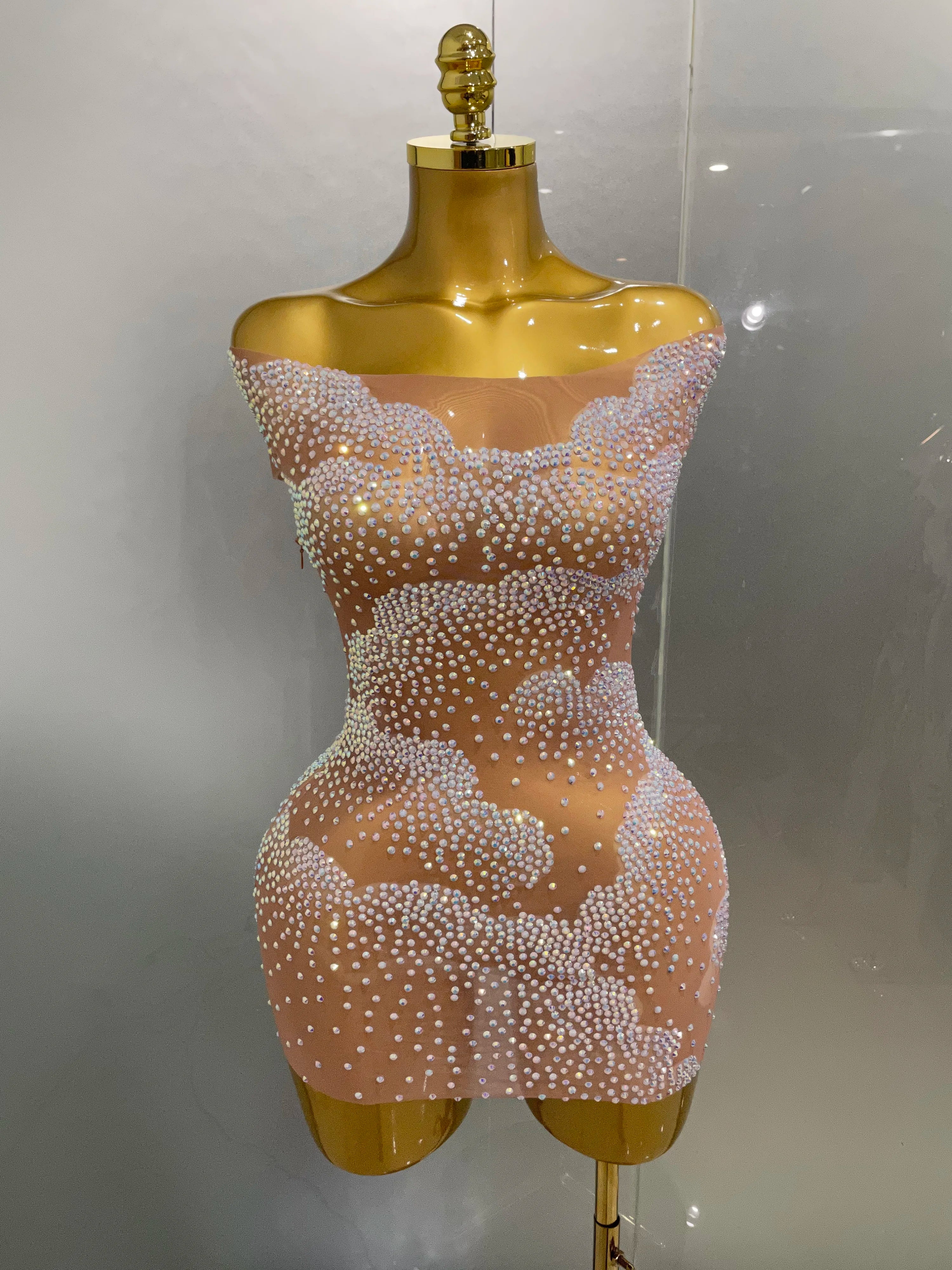 Sexy Sparkle Rhinestone Transparent Stretch Mini Dress 2025 New Women Evening Birthday Party Club Stage Performance Costume Khaki