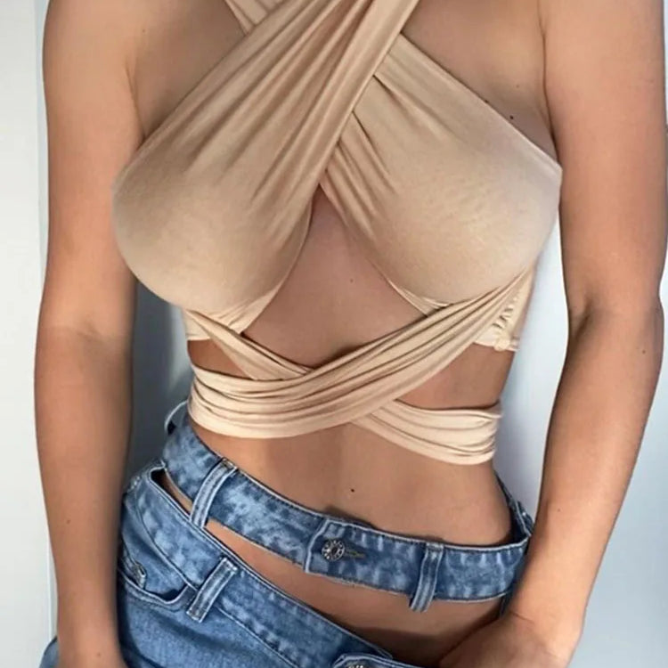 Women Strappy Cross Over Front Cut Out Halter Neck Sleeveless Backless Wrap Crop Top Bandage Vest Summer Sexy Tops Woman Clothes