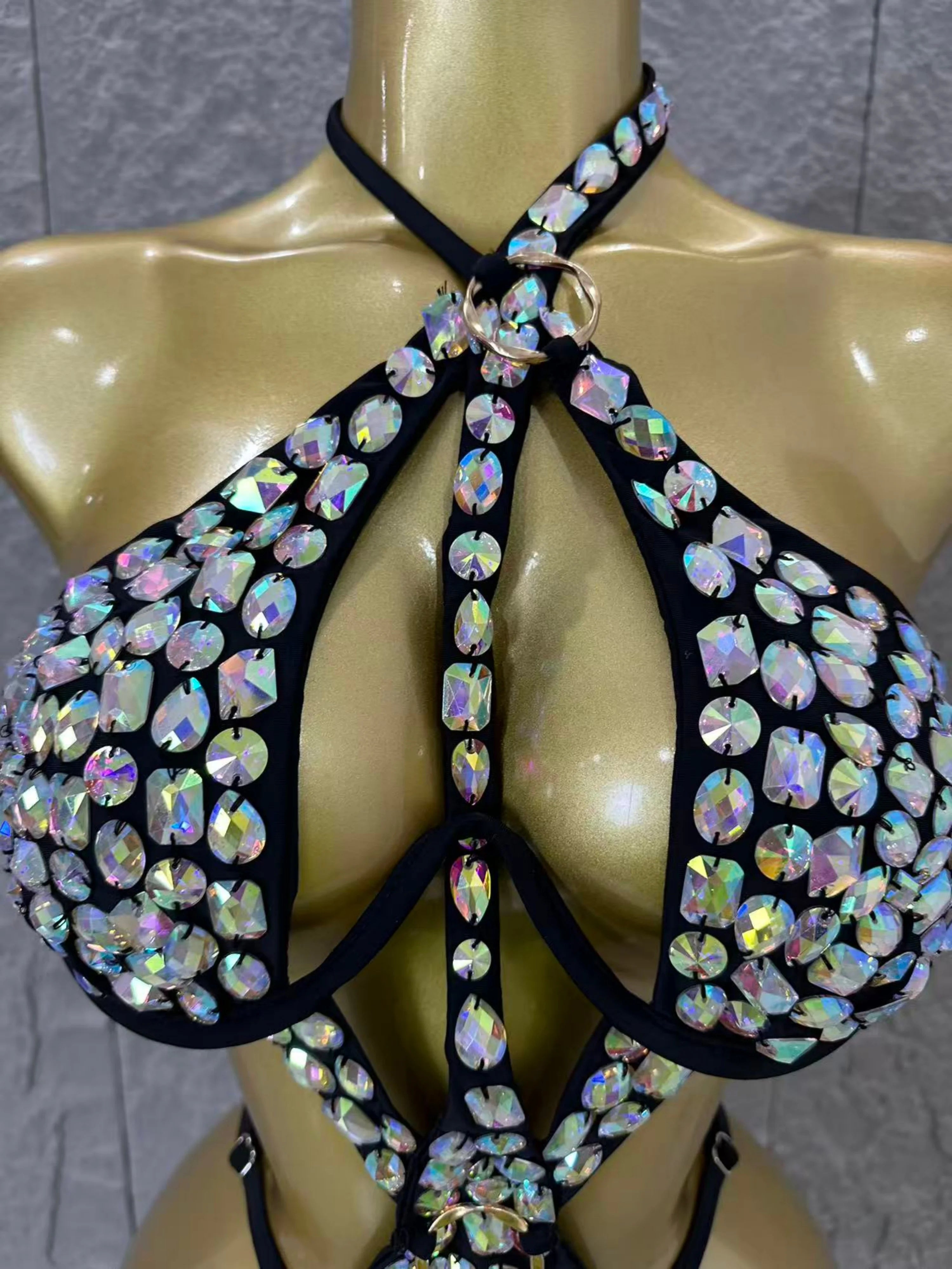 Women Sexy 2026 Luxurious Black Bodysuit Halter Neck Iridescent Crystal Embellished Cutout Outfit Stage Performance Costume