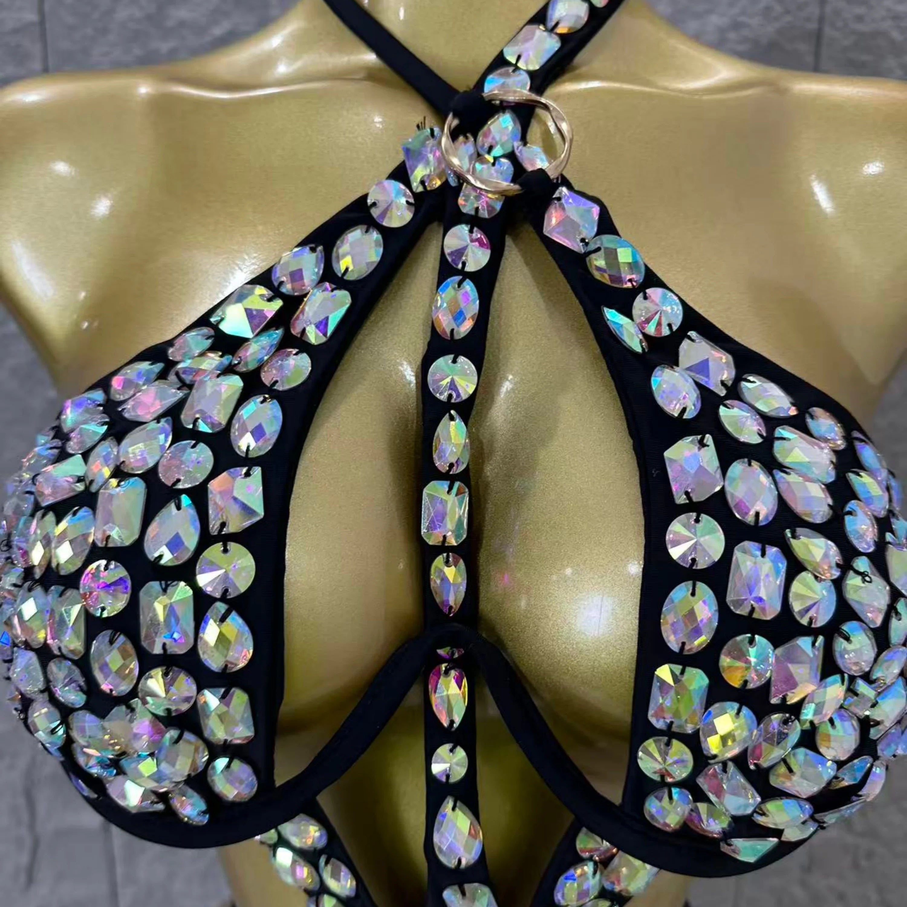 Gold Luxurious Black Bodysuit Women Sexy Halter Neck Iridescent Crystal Embellished Cutout Outfit Stage Performance Costume